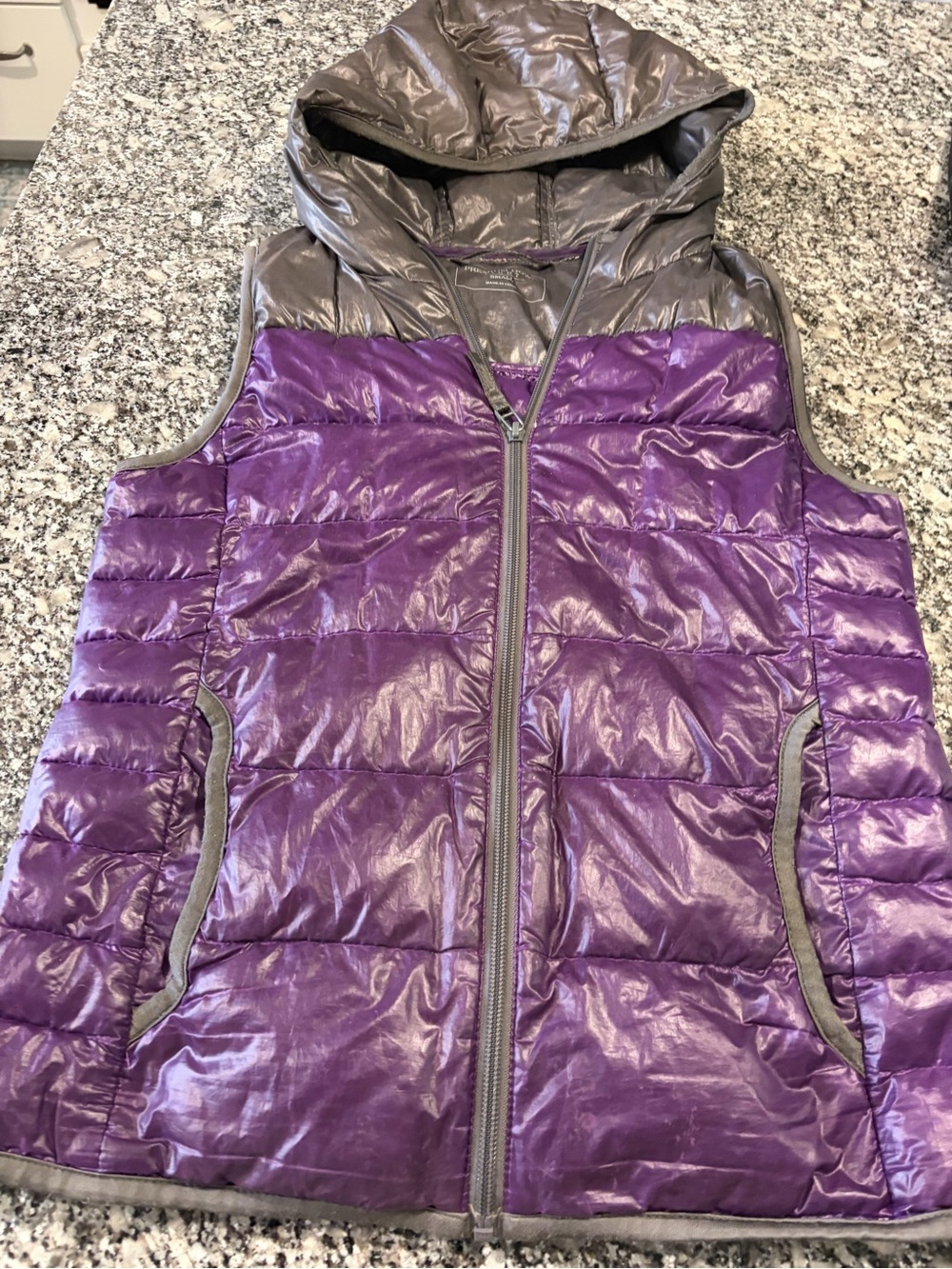 Purple Quilted Hooded Puffer Vest with Gray Trim